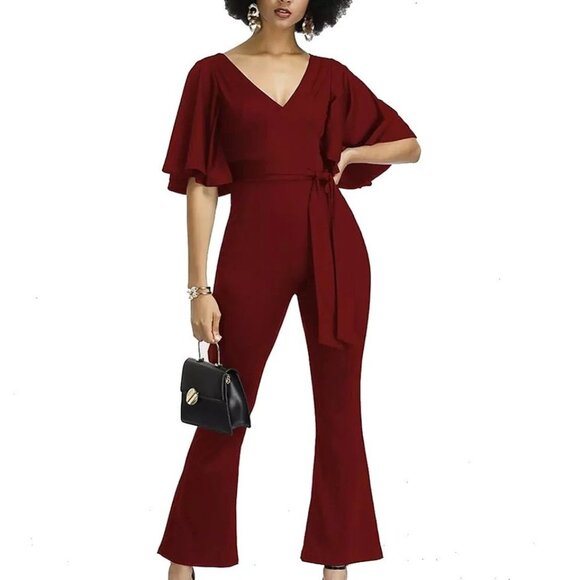 Elegant Butterfly Sleeve V-Neck Flared Pants Fashion Sense Jumpsuit with Belt - Picture 7 of 12